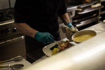 Средняя секция мужского шеф-повара, подающего еду в тарелке — стоковое фото