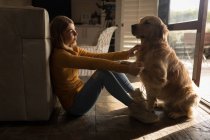Дівчина з собакою у вітальні вдома — стокове фото