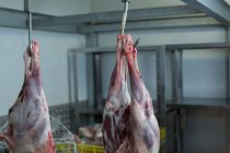 Carnes colgando de gancho en carnicería - foto de stock