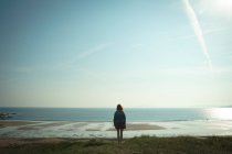 Вид ззаду жінки, що стоїть на морському пляжі в сонячний день — стокове фото
