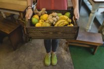 Section basse de la jeune femme tenant un plateau de légumes dans sa main — Photo de stock