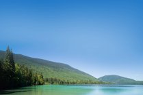 Зелена гора з озером і блакитним небом на сонячний день — стокове фото