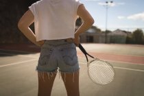 Visão traseira da mulher praticando tênis na quadra de tênis — Fotografia de Stock