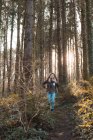 Женщина, гуляющая в лесу в солнечный день — стоковое фото