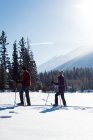 Caminhada de casal com esquis e bastões de esqui em paisagem nevada . — Fotografia de Stock