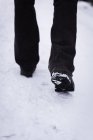 Low section of man walking on snow covered road. — Stock Photo
