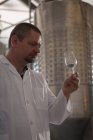 Trabalhador masculino verificando a qualidade do gin na fábrica — Fotografia de Stock