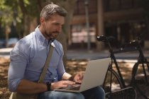 Homem usando laptop no parque em um dia ensolarado — Fotografia de Stock