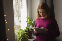 Woman using digital tablet near window at home — Stock Photo