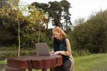 Junge Frau benutzt Laptop im Park — Stockfoto