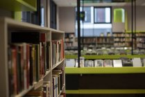Bücher im Bücherregal in der Bibliothek — Stockfoto