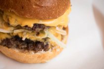 Primer plano de hamburguesa con queso y cebolla en el plato . - foto de stock