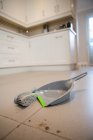 Gros plan du bac à poussière et de la brosse sur un plancher à la maison — Photo de stock