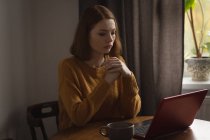 Jovem mulher usando laptop em casa — Fotografia de Stock