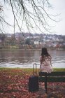 Visão traseira de empresária sentada no banco perto do lago — Fotografia de Stock