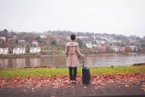 Вид спереду бізнес-леді з багажем, що стоїть біля берега озера — стокове фото