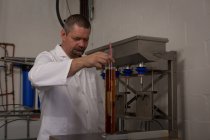 Чоловік працівник перевіряє якість джину на заводі — стокове фото