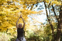 Старша жінка практикує йогу в парку в сонячний день — стокове фото