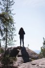 Visão traseira do caminhante feminino em pé na rocha durante o dia ensolarado — Fotografia de Stock