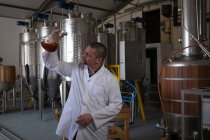 Männlicher Arbeiter überprüft Qualität von Gin in Fabrik — Stockfoto