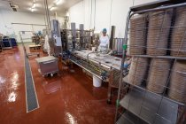Travailleuse surveillant les aliments près de la chaîne de production dans l'usine alimentaire — Photo de stock