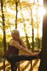 Старшая женщина выполняет упражнения на растяжку в парке в солнечный день — стоковое фото