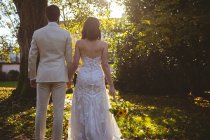 Braut und Bräutigam halten Händchen und stehen an einem sonnigen Tag im Garten — Stockfoto