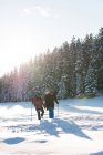 Couple snowshoeing in wintry woodland in mountains. — Stock Photo