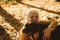 Donna anziana seduta a terra e accarezzare il suo cane da compagnia nel parco in una giornata di sole — Foto stock