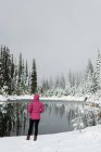 Vista posteriore di donna premurosa in piedi vicino al lago durante l'inverno — Foto stock