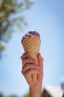 Gros plan de la main de la fille tenant un cône de gaufre avec de la crème glacée . — Photo de stock