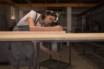 Young craftswoman working with wood in workshop. — Stock Photo