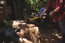 Low section of woman cutting wood in garden — Stock Photo