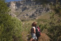 Wanderin steht mit Rucksack im Wald auf dem Land — Stockfoto