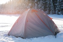 Tent in snowy woodland in soft light. — Stock Photo