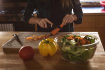 Seção média de menina de pé na cozinha e descascando cenoura com descascador em casa . — Fotografia de Stock