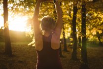 Mulher sênior praticando exercício no parque em um dia ensolarado — Fotografia de Stock
