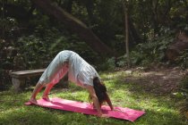 Mulher praticando ioga no jardim em um dia ensolarado — Fotografia de Stock