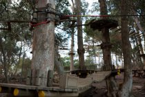 Equipamiento deportivo de aventura de madera en el bosque - foto de stock