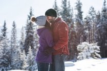 Couple kissing in wintry mountain woodland. — Stock Photo