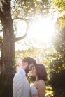 Романтическая невеста и жених обнимаются в саду в солнечный день — стоковое фото