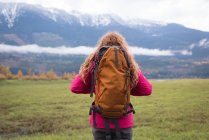 Вид ззаду Жінка з рюкзаком дивиться на засніжені гори — стокове фото
