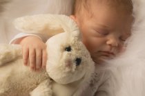 Bebê recém-nascido dormindo com coelho brinquedo de pelúcia . — Fotografia de Stock