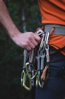 Seção média do alpinista ajustando mosquetão no arnês na floresta — Fotografia de Stock