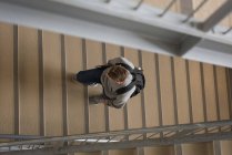 Vista de alto ângulo do estudante universitário andando com laptop na escada — Fotografia de Stock