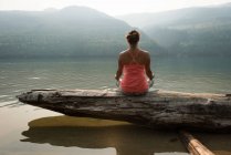 Fit woman sitting in meditating posture on a fallen tree trunk on a sunny day — Stock Photo