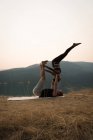 Fittes Paar, das in der Morgendämmerung Akro-Yoga in einem sattgrünen Boden praktiziert — Stockfoto