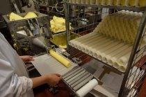 Trabajador envolviendo rollos de comida en el papel en la fábrica - foto de stock