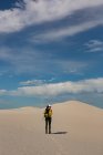 Rear view of female hiker with trekking pole walking on sand — Stock Photo