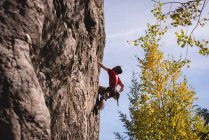 Determined rock climber climbing the rocky cliff — Stock Photo